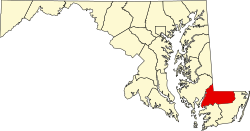 Map of Maryland highlighting Wicomico County